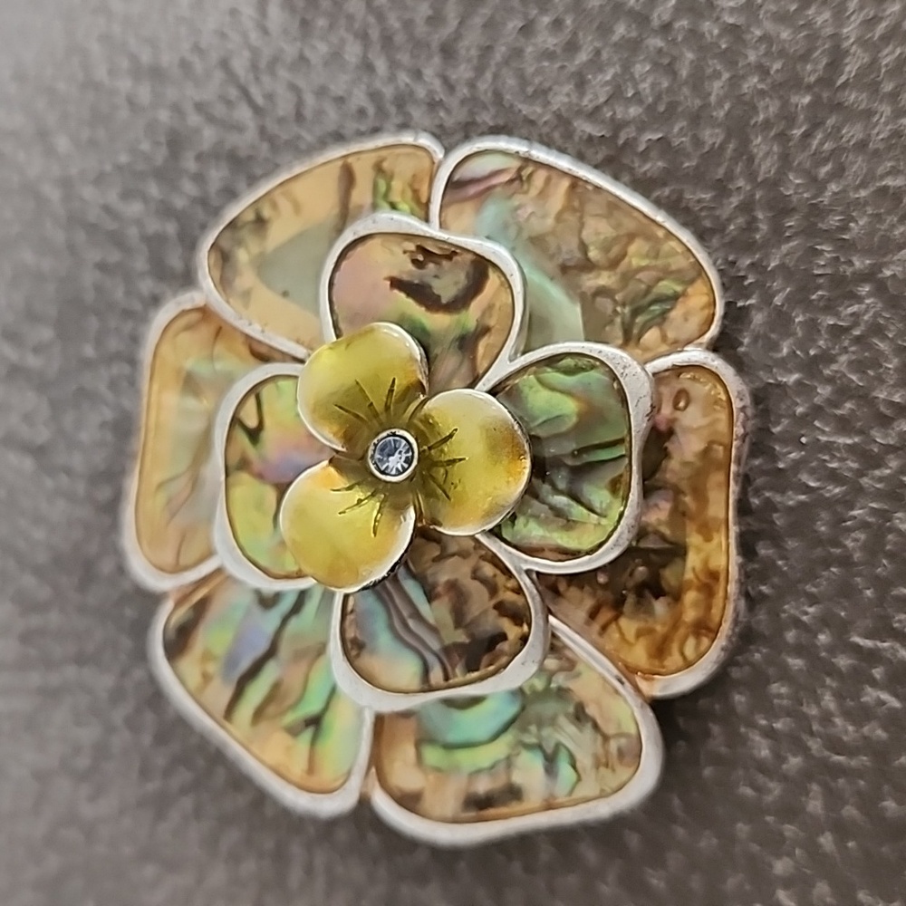 ABOLONE Silver Tone BLOSSOM Blossom  Broch with Rhinestone center 2"